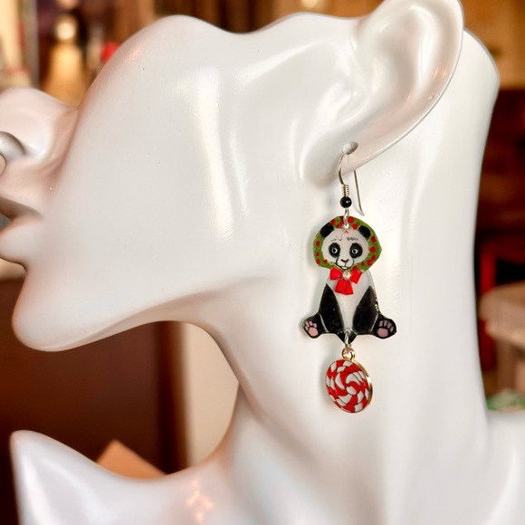 Handpainted Panda Bear earrings Xmas Christmas dangle OOAK lightweight Sterling - Picture 5 of 6